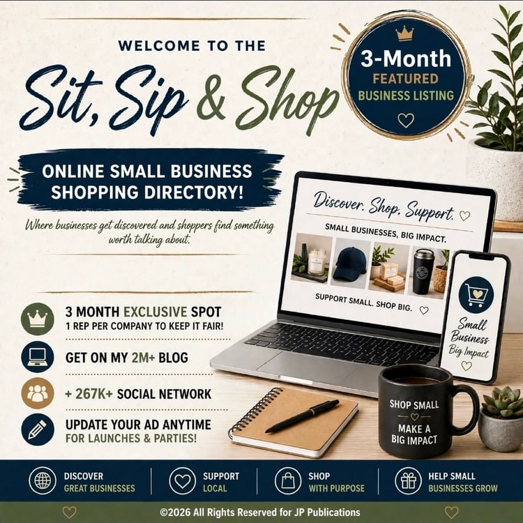 Sit, Sip & Shop three-month featured small business listing for $54 with a 10% discount, offering extended directory visibility and potential additional online exposure opportunities.