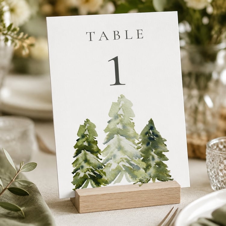 Editable 5 × 7-inch watercolor pine tree table number card featuring soft green woodland trees, elegant charcoal lettering and table numbers 1–30 for rustic, forest, mountain or outdoor weddings.