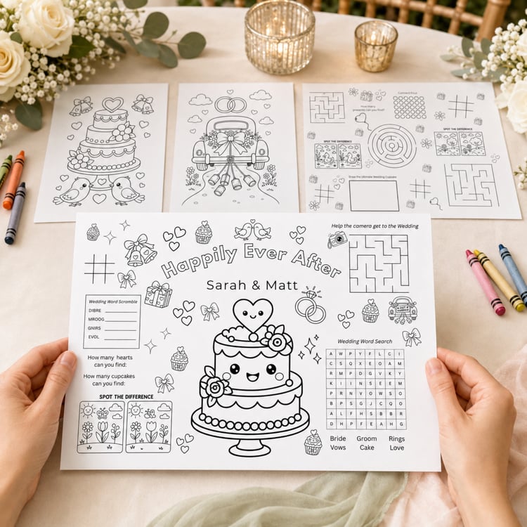 Set of six printable wedding activity placemats for children featuring wedding coloring pages, mazes, word games, drawing prompts, spot-the-difference puzzles and table games in an editable Canva template.