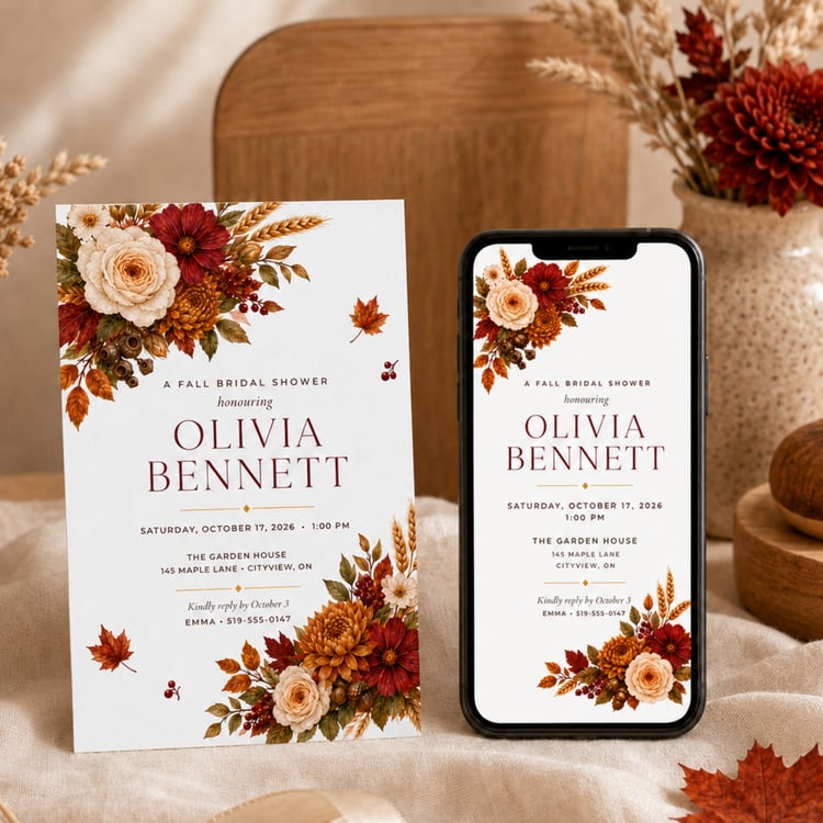 Elegant fall floral bridal shower invitation bundle with a printable 5 by 7-inch Canva template and coordinating mobile invitation featuring burgundy, orange and cream flowers, autumn leaves, berries, wheat and acorns.