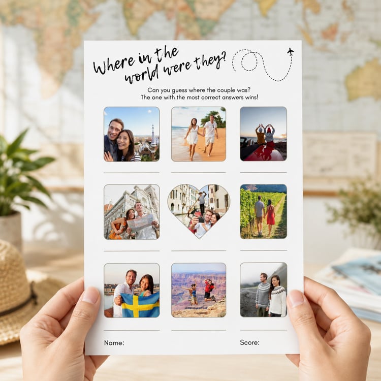 Editable 5 by 7 inch Where Were They couples game featuring nine travel photographs, answer lines, a world map background, airplane detail, and spaces for the guest’s name and score.