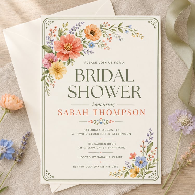 A bridal shower invitation template featuring watercolor floral illustrations in shades of pink, orange, and yellow. Edit in Canva