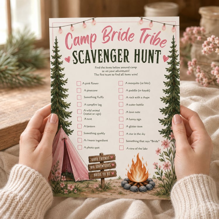 Camp Bride Bachelorette game bundle, card featuring pink text, pine trees, a pink tent, a campfire. Edit in Canva