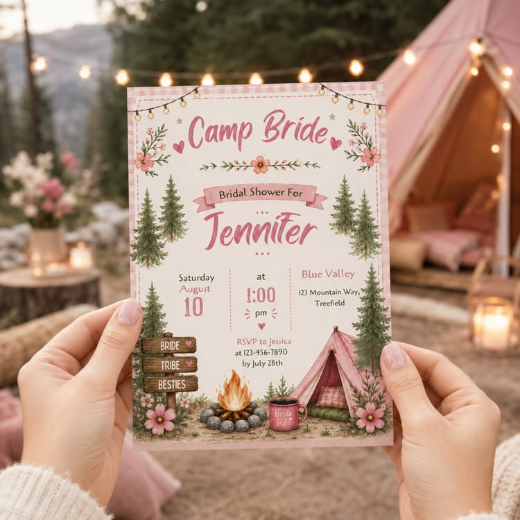 A rectangular bridal shower invitation with a pink gingham border, featuring the text Camp Bride, Bridal Shower. The design includes illustrations of pine trees, a campfire, a pink tent, and string lights. Edit in Canva.