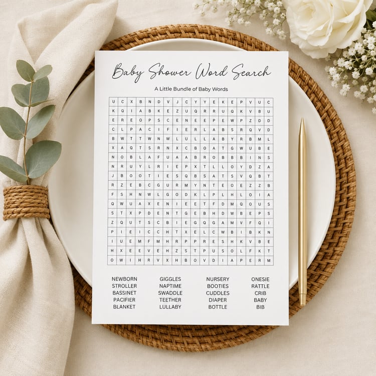 Printable baby shower game bundle featuring a Baby Shower Word Search with 20 baby-related words and a Baby Shower Crossword Puzzle with answer keys, formatted as four black-and-white US Letter pages.