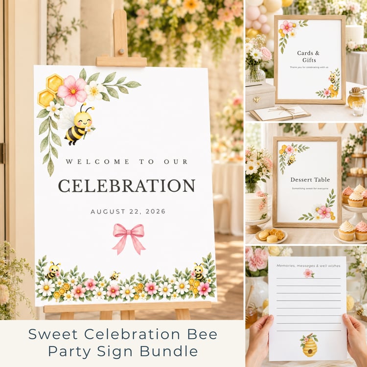 Party sign bundle features watercolor illustrations of a yellow and black bee, green leaves, pink flowers, white daisies, and yellow honeycombs. Edit in Canva.