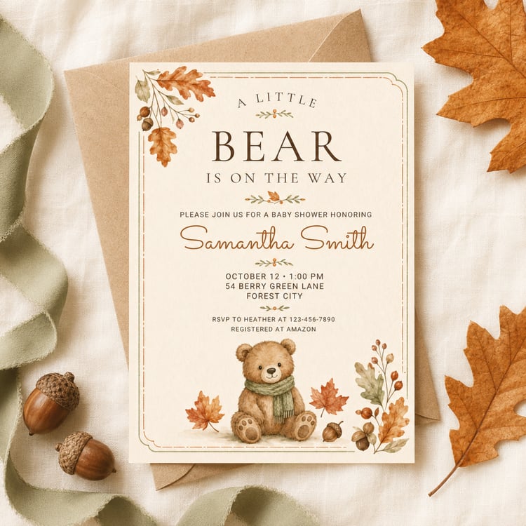 Editable 5 by 7 fall baby shower invitation featuring a watercolor teddy bear in a green scarf, autumn leaves and acorns with “A Little Bear Is on the Way” wording.
