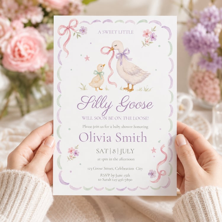 Pastel Silly Little Goose baby shower invitation featuring a watercolor mother goose and gosling, pink and purple bows, flowers, and editable event details.