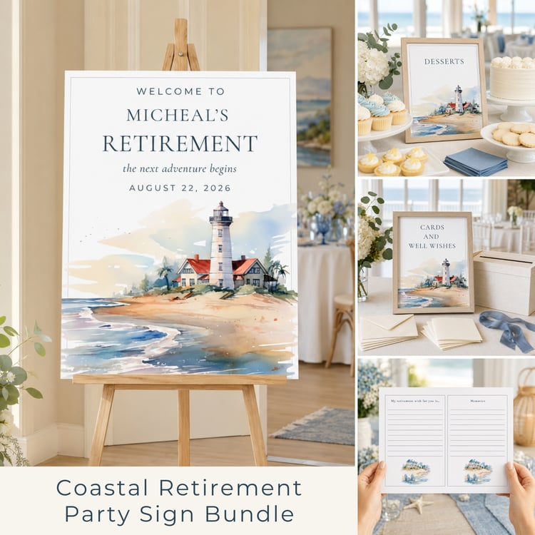 Coastal retirement party sign and activity bundle featuring editable Canva templates with watercolor lighthouse artwork, welcome and thank-you signs, tabletop party signs, advice cards and memory cards.