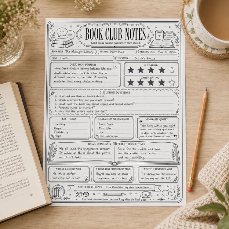 Black-and-white US Letter Book Club Notes printable with spaces for the book title, author, meeting details, summary, ratings, discussion questions, themes, characters, quotes and reading reflections.