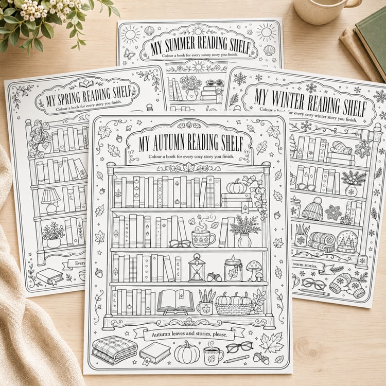 Set of four printable seasonal reading bookshelf coloring pages featuring detail