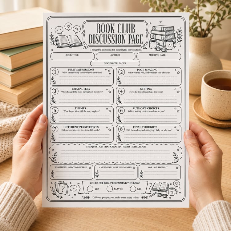 Black-and-white US Letter printable Book Club Discussion Page with eight thoughtful reading prompts, meeting details, note sections and a book recommendation area.