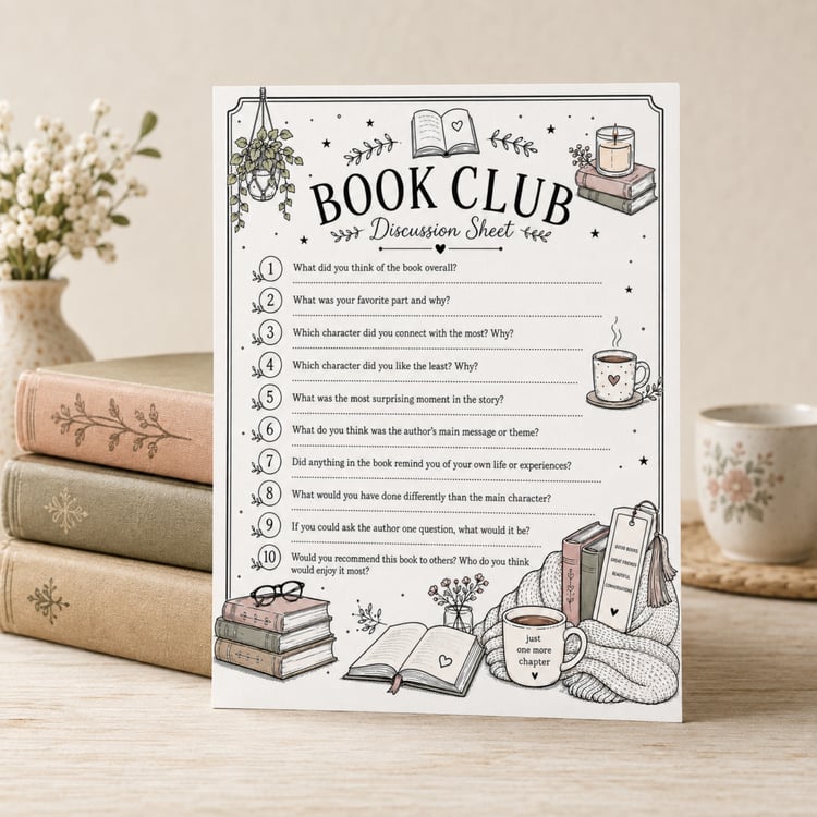 Printable US Letter book club discussion sheet featuring 10 general book questions with cozy illustrations of books, coffee mugs, plants and candles.