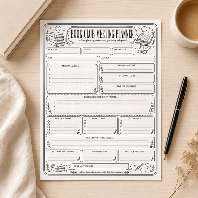 Black-and-white US Letter Book Club Meeting Planner printable with sections for book details, meeting agenda, discussion questions, snacks, activities, reminders and the next meeting date.