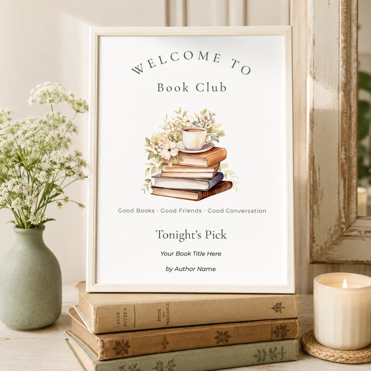 Editable 8 x 10-inch Book Club Welcome Sign featuring watercolor books, cream flowers, green leaves and a tea cup, with customizable spaces for the featured book title and author.