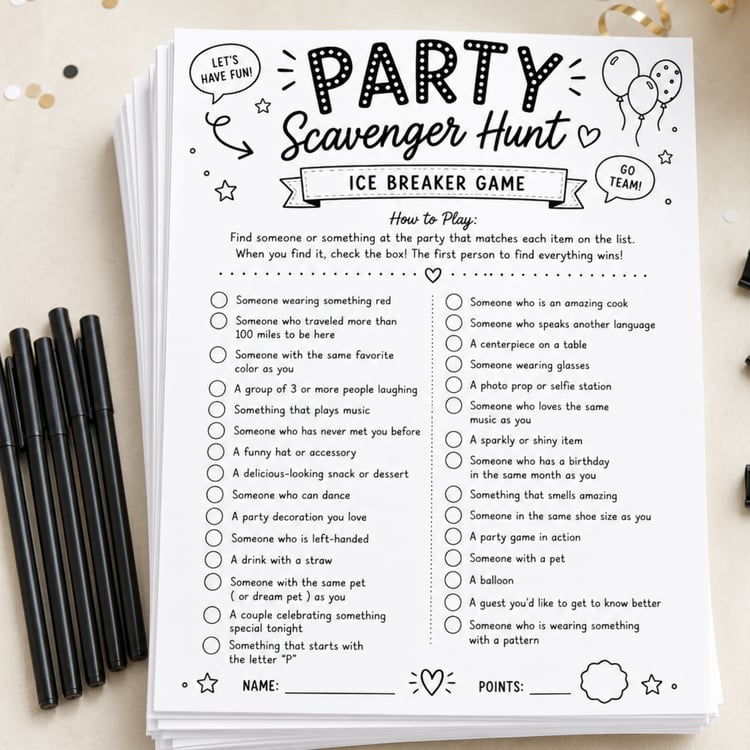 Black-and-white printable Party Scavenger Hunt icebreaker game with 30 find-someone-or-something prompts, instructions, check circles, and spaces for the player’s name and points.