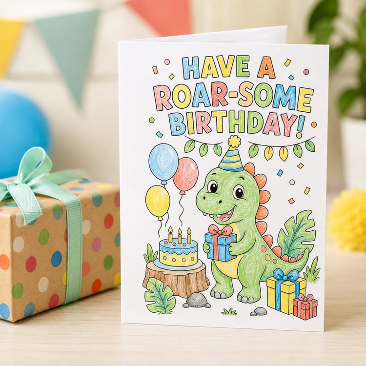 Printable black-and-white dinosaur birthday card featuring a friendly party dinosaur, balloons, birthday cake and presents, with a colour-in cover and keepsake birthday prompts on the back.