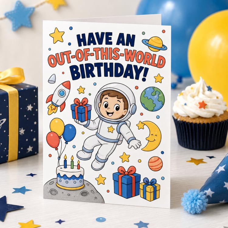 Printable black-and-white space birthday card featuring a smiling astronaut, rocket, planets, stars, balloons, presents and cake. The 5 × 7-inch folded card has an Out of This World Birthday coloring cover, fill-in keepsake questions on the back and a bla