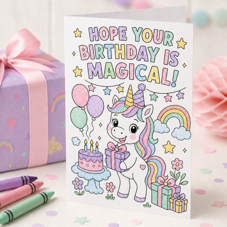 Printable 5 by 7 inch unicorn birthday coloring card featuring a cheerful unicorn, rainbow, balloons, cake, presents and the words Hope Your Birthday Is Magical. The back includes three fill-in birthday keepsake prompts for children.