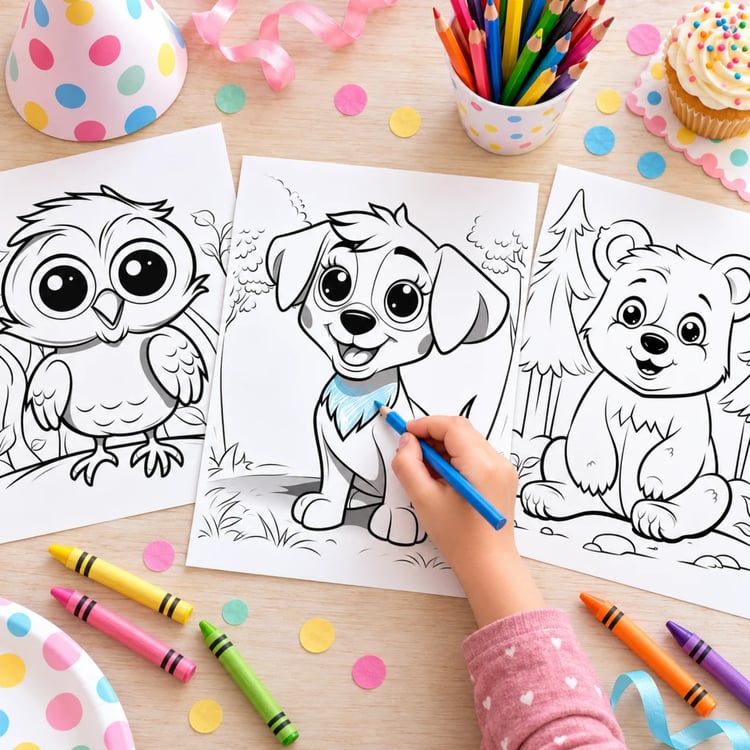Printable animal coloring pages featuring cute, big-eyed puppies, foxes, owls, deer, bears, and rabbits in black and white, with woodland backgrounds and gray shading.