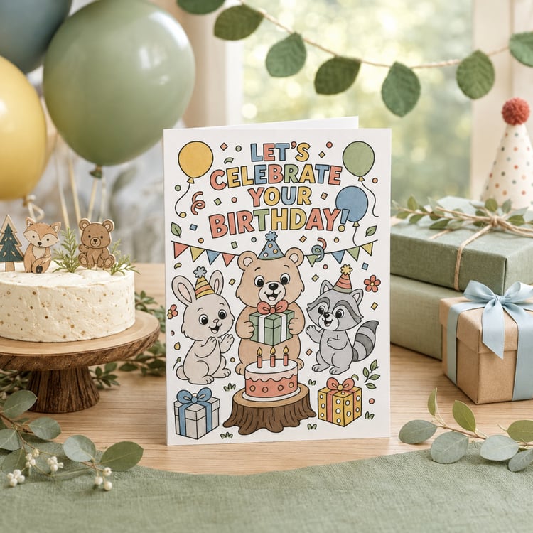 Printable 5 × 7 woodland birthday card featuring a black-and-white colour-in scene with a bear, bunny and racoon