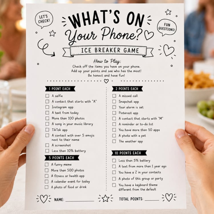 Black-and-white What’s on Your Phone printable icebreaker game with phone-related questions, checkboxes and point values for parties and group gatherings.