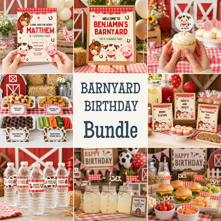 Editable barnyard birthday party bundle featuring cute horse, cow and pig farm animals with red gingham invitation, welcome signs, cupcake toppers, food labels, favor tags, water bottle labels and party decorations.
