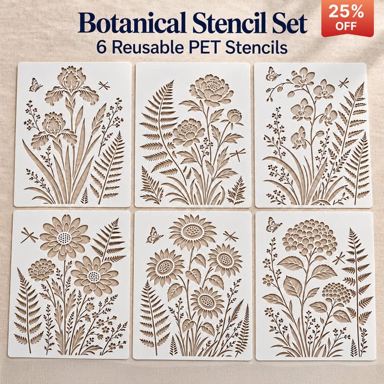 Create beautiful indigo textiles, floral tote bags and handmade home décor with 6 reusable botanical PET stencils. 11 × 14.5 in each.