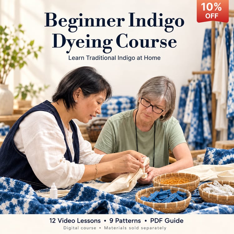 Beginner Indigo Dyeing Course showing an instructor teaching a student traditional Chinese indigo fabric folding and tying techniques.