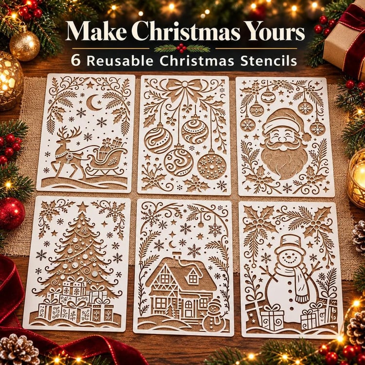 Six reusable Christmas PET stencil sheets featuring reindeer, ornaments, Santa, Christmas tree, snowy cottage and snowman designs.