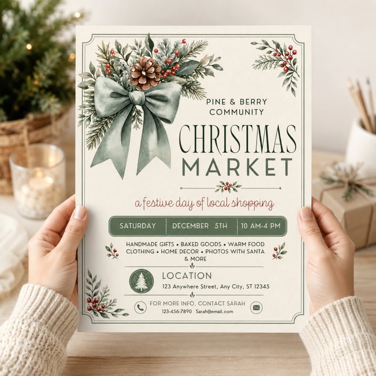 A cream-colored flyer for a Christmas Market.  The design features a large sage green bow, pine branches, and red berries. It lists event details and contact info. Edit in Canva.