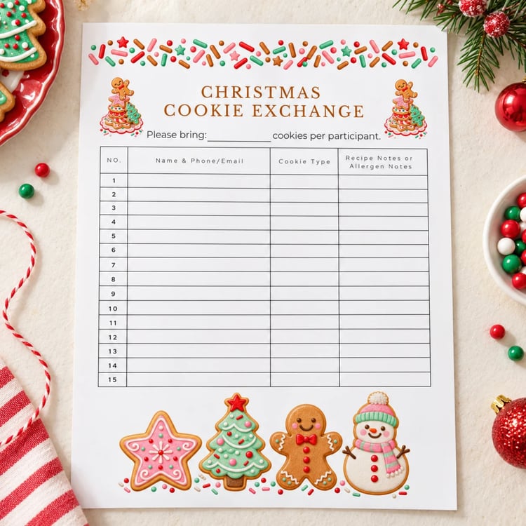 Christmas Cookie Exchange sign up sheet with colorful sprinkles and illustrated star, tree, gingerbread and snowman cookies. Portrait US Letter page has 15 rows for names, contact details, cookie types and recipe or allergen notes.
