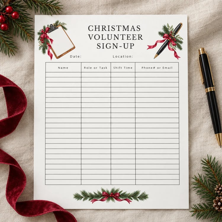 Portrait Christmas volunteer signup sheet with evergreen sprigs, red berries and ribbon, clipboard and pen illustrations, date and location spaces, and columns for name, role or task, shift time, and phone number or email.