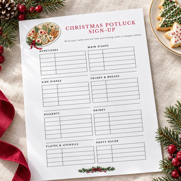 Portrait Christmas potluck sign-up sheet with eight food and supply categories, burgundy title, watercolor Christmas cookie platter, evergreen sprigs, red berries and ribbons on a white background.