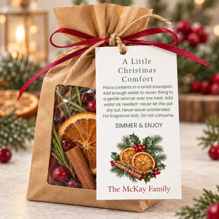 Sheet of eight rectangular Christmas simmer pot gift tags with green instructions, orange slices, cinnamon sticks, holly, evergreen and a red family name.