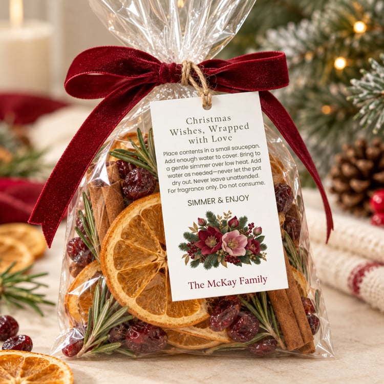 Sheet of eight rectangular Christmas simmer pot gift tags with burgundy and blush flowers, evergreen branches, berries, simmering directions and personalized family name.