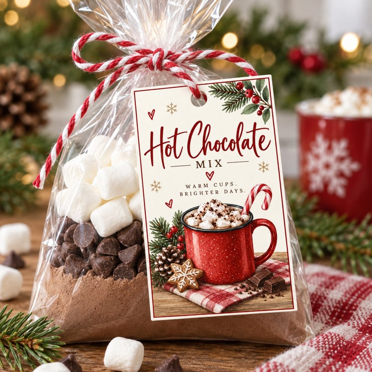Printable Christmas hot chocolate mix gift tags featuring a festive red cocoa mug, marshmallows, candy cane, gingerbread cookie and winter greenery. Eight 2.5 × 4-inch tags are arranged on one US Letter sheet.