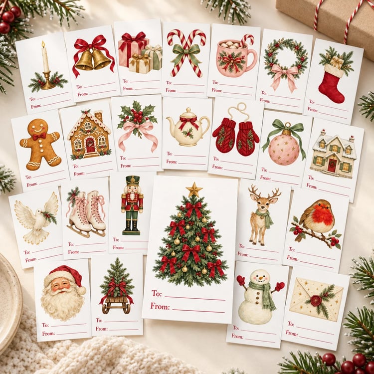Three printable sheets with 24 Christmas gift tags featuring Santa, a reindeer, gingerbread, trees and cozy vintage illustrations with To and From lines.