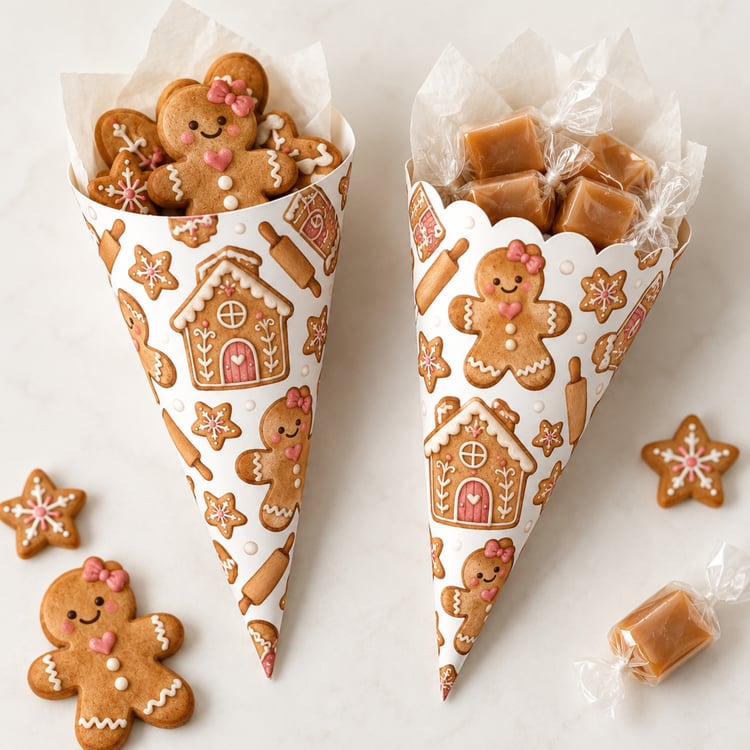 Smooth and scalloped printable treat cone templates with gingerbread people, iced houses, rolling pins and star cookies in brown and pink on white.