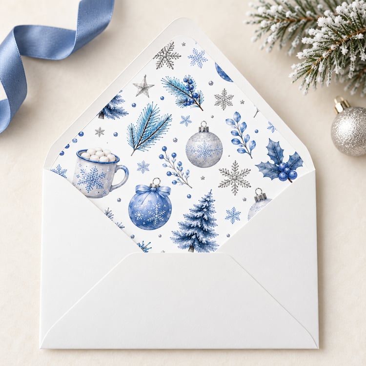 Printable blue and silver Christmas envelope liner set displayed in 12 labelled sizes for holiday cards, winter wedding invitations and festive stationery.