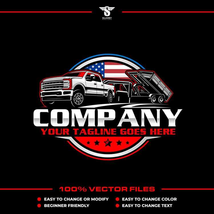 Patriotic pickup truck and dump trailer vector logo featuring a white heavy-duty pickup towing a black hydraulic dump trailer with raised bed, American flag background, red and silver circular badge, bold company lettering and customizable tagline.