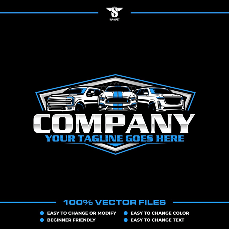 Automotive vector logo featuring a white pickup truck, white sports car with blue racing stripes and white luxury SUV, black and blue shield badge, silver company lettering and customizable tagline.