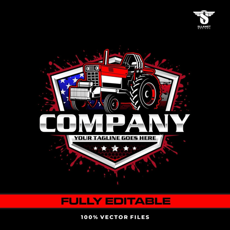 Patriotic farm tractor vector logo featuring a red vintage-style agricultural tractor with large rear tires, distressed American flag shield, red paint splashes, silver company lettering, white stars and customizable tagline.