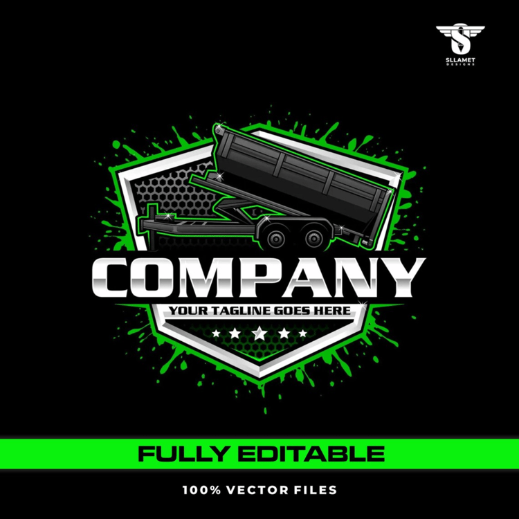 Bumper pull dump trailer vector logo featuring a black tandem axle hydraulic trailer with raised dump bed, green paint splashes, silver and green shield badge, bold company lettering and customizable tagline.