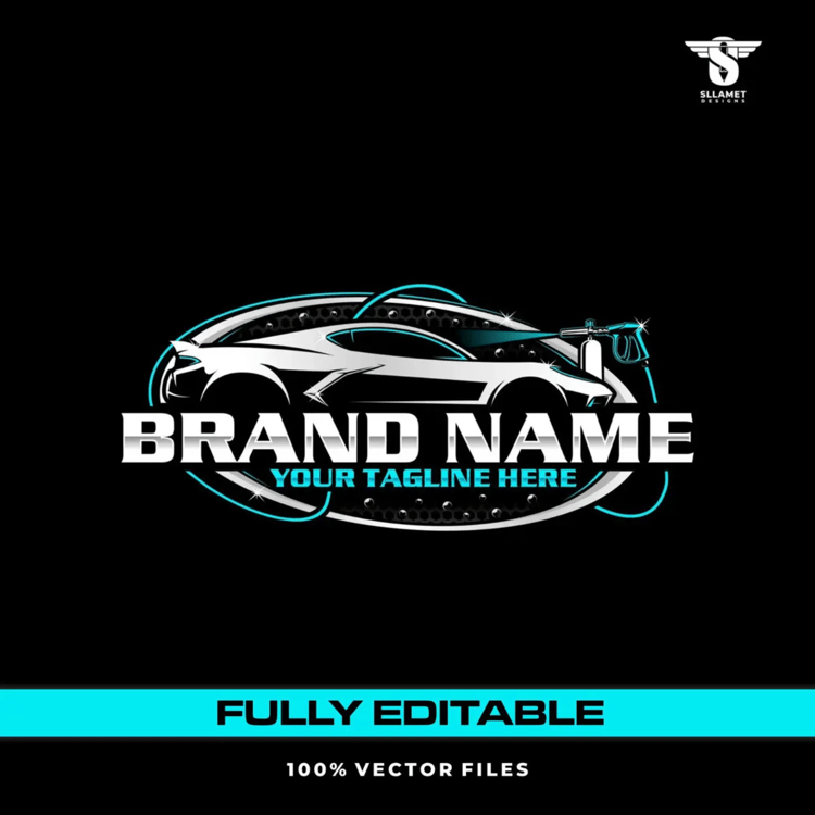 Car detailing vector logo featuring a sleek white sports car with black and turquoise accents, automotive washing spray gun, silver oval badge, bold company lettering and customizable tagline on a black background.