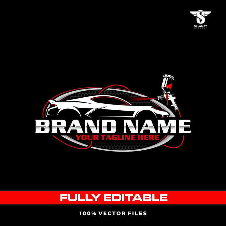 Auto paint shop vector logo featuring a sleek white sports car, professional automotive paint spray gun with red paint, black and silver oval badge, red accents, bold company lettering and customizable tagline on a black background.