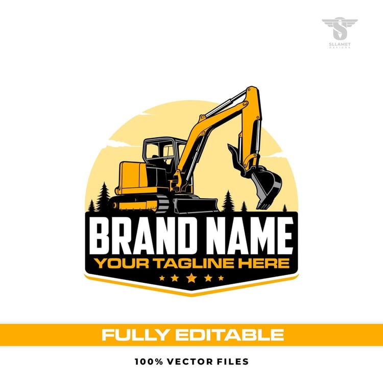 Yellow mini excavator vector logo featuring a compact tracked hydraulic digger with black bucket, pine tree silhouettes, pale yellow circular background, bold white company lettering, black and yellow badge, stars and customizable tagline.