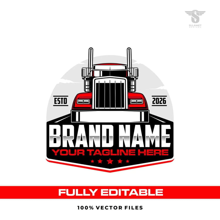 Front view red and white semi truck vector logo featuring a large chrome grille, twin exhaust stacks, gray circular background, black and red shield badge, silver brand lettering, red stars, ESTD 2026 details and customizable tagline.