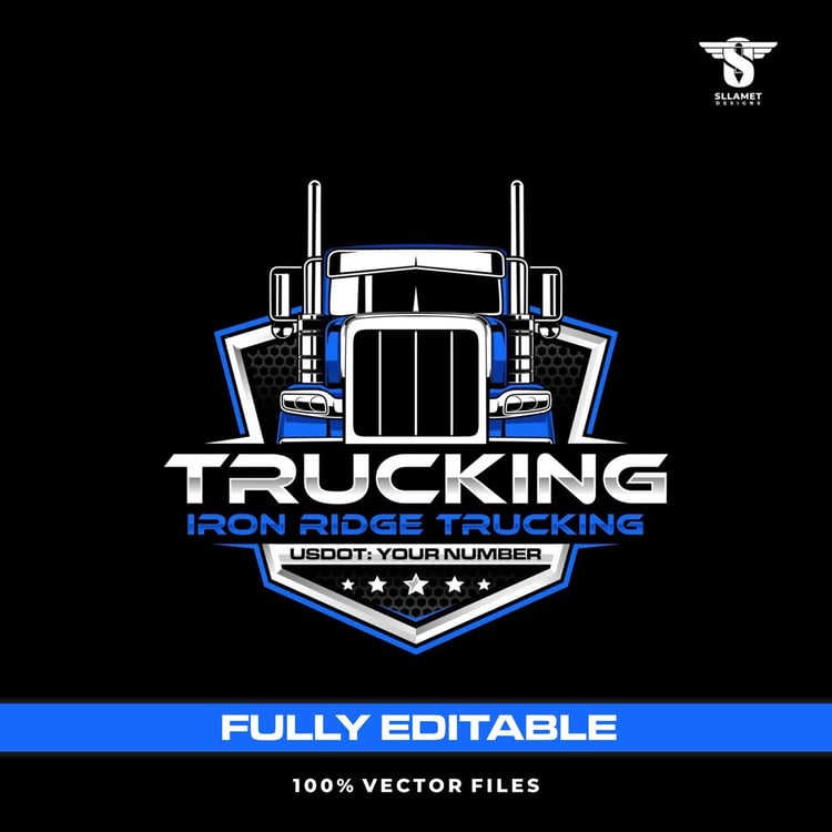 Blue and white semi truck front view vector logo featuring a large chrome grille, twin vertical exhaust stacks, black and blue shield badge, silver TRUCKING lettering, Iron Ridge Trucking sample text, USDOT number placeholder and white stars.