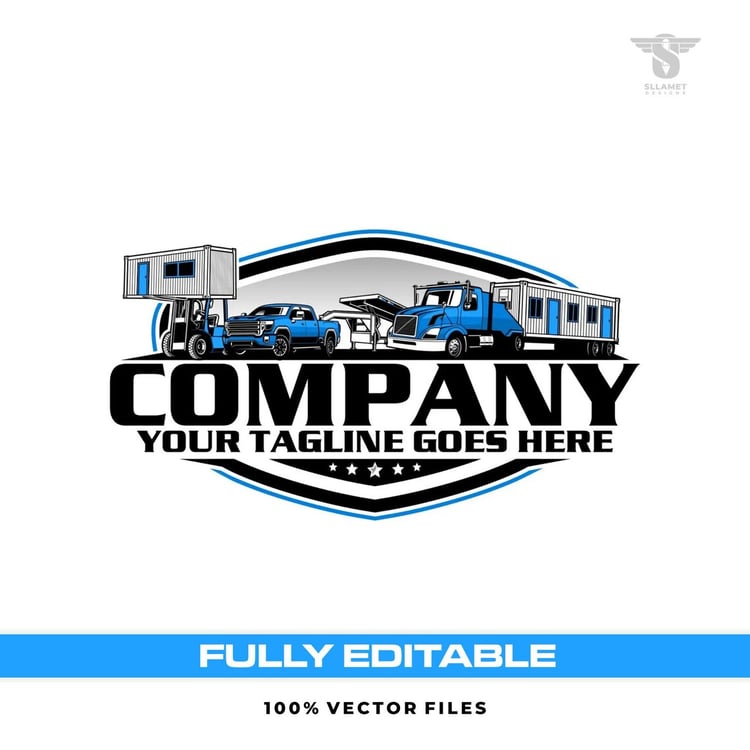 Portable building transport vector logo featuring a blue semi truck hauling a modular building, blue pickup truck with trailer, forklift lifting a portable cabin, black and blue shield badge, bold company lettering, white stars and customizable tagline.